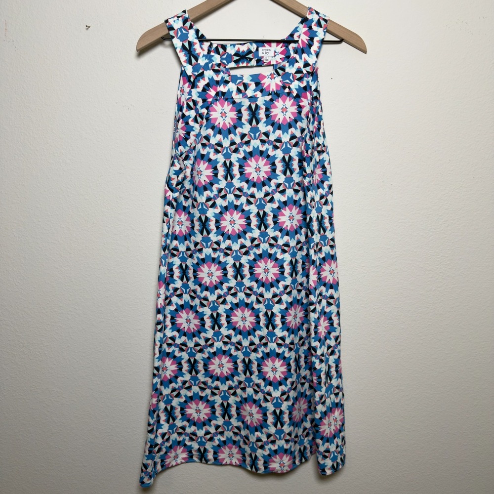 Crown and Ivy Women Linen Shift Dress 14 Geometric Preppy Resort Vacation - Picture 1 of 9